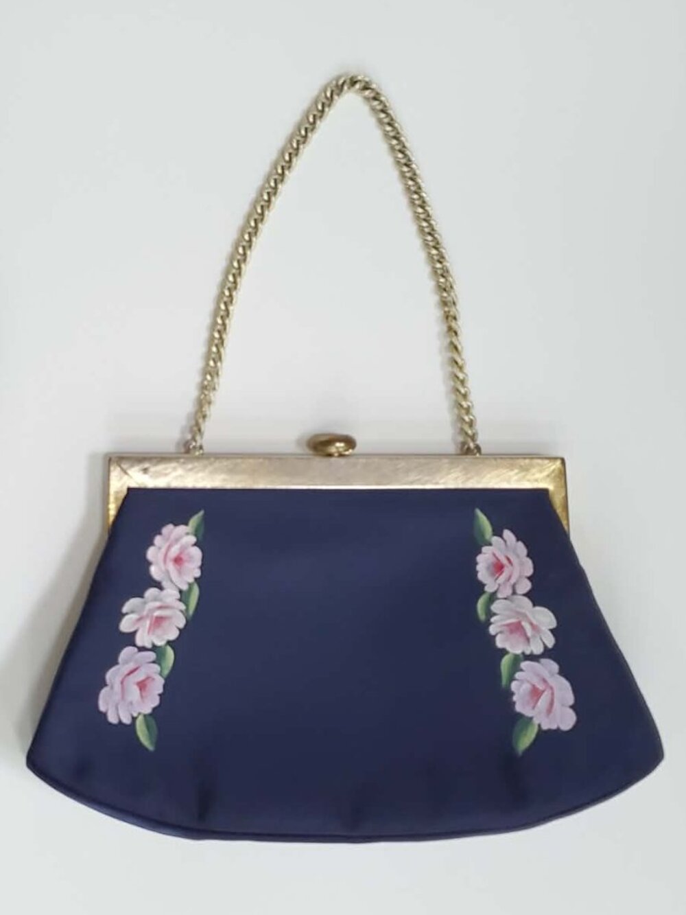 Pristine Vintage Beau Sac Evening Bag, Navy Satin, Handpainted Floral, Gold Tone